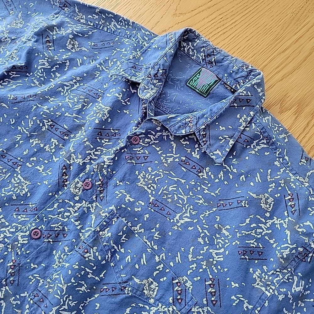 Vintage Shah Safari‎ Shirt Men's Large Abstract Button Up Short Sleeve Blue